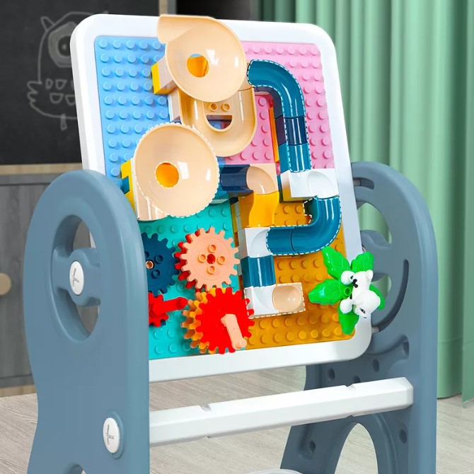 Set masa si scaun, interactiva 2 in1 cu tabla de scris si masa lego si cos de depozitare , pentru copii, cu 3 carioci si jucarii lego incluse, multifunctionala, roz blue