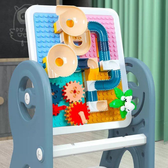 Set masa si scaun, interactiva 2in1 cu tabla de scris si masa lego si cos de depozitare, pentru copii, cu 3 carioci si jucarii lego incluse, multifunctionala, roz blue - BUZ.RO