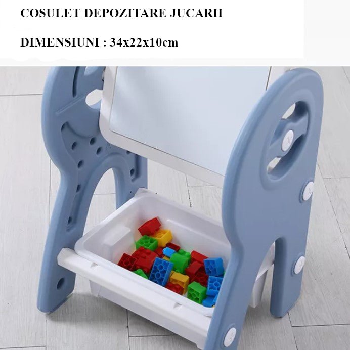 Set masa si scaun, interactiva 2in1 cu tabla de scris si masa lego si cos de depozitare, pentru copii, cu 3 carioci si jucarii lego incluse, multifunctionala, roz blue - BUZ.RO
