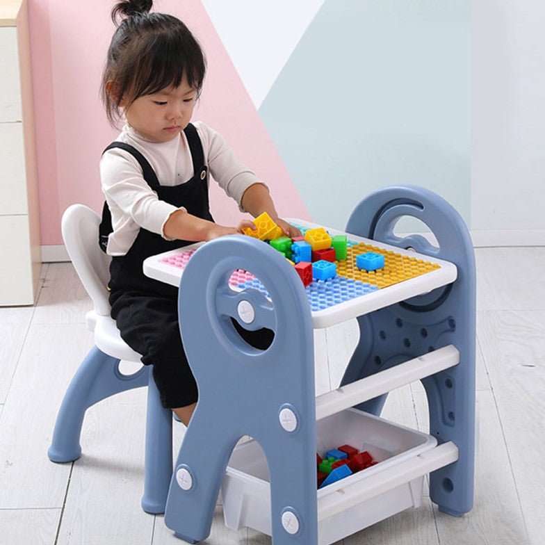 Set masa si scaun, interactiva 2in1 cu tabla de scris si masa lego si cos de depozitare, pentru copii, cu 3 carioci si jucarii lego incluse, multifunctionala, roz blue - BUZ.RO