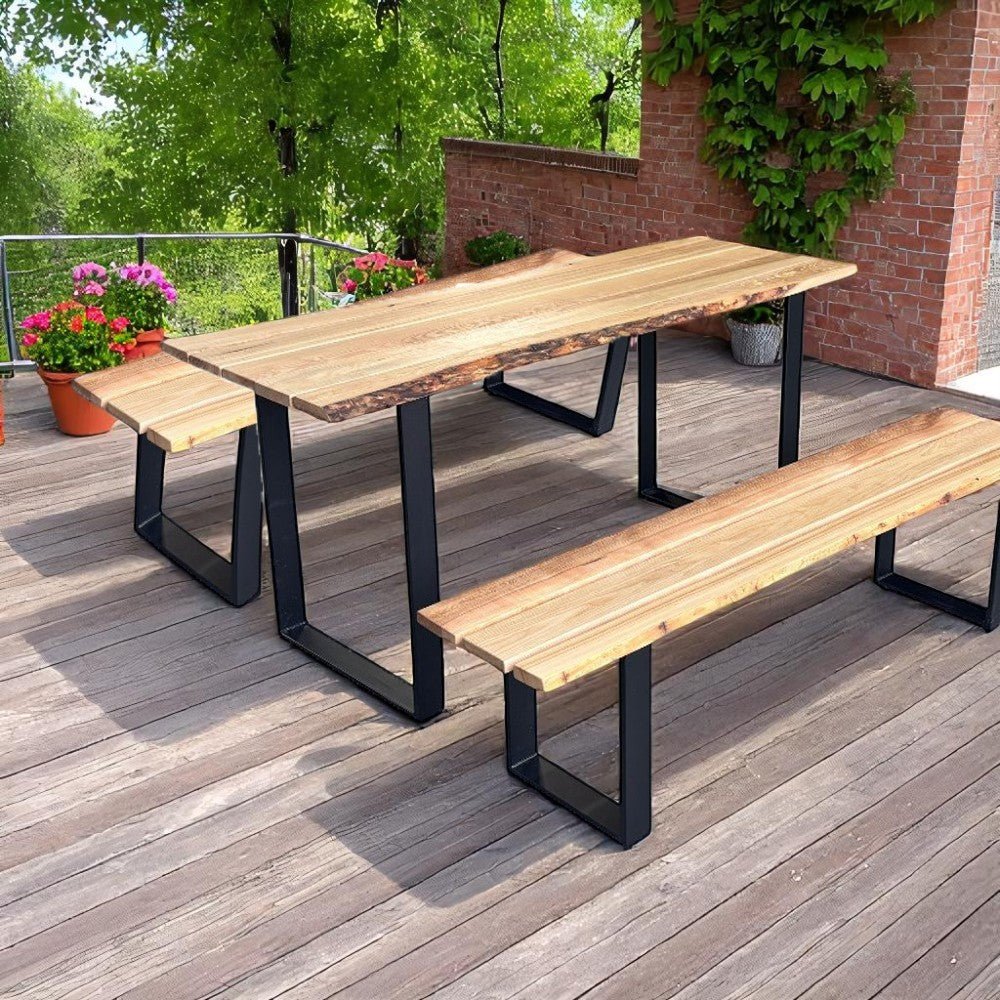 Set Mobilier lemn masa si 2 banci pentru interior sau exterior, living, cabana, terasa/gradina, Masa cu Banca Lemn Masiv rustic 1.8m x 68cm , Gradina cu Banca 1.8m x 39 cm si Picioare din metal moderne - BUZ.RO