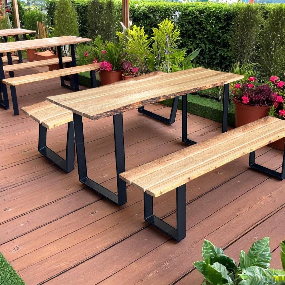Set Mobilier lemn masa si 2 banci pentru interior sau exterior, living, cabana, terasa/gradina, Masa cu Banca Lemn Masiv rustic 1.8m x 68cm , Gradina cu Banca 1.8m x 39 cm si Picioare din metal moderne - BUZ.RO