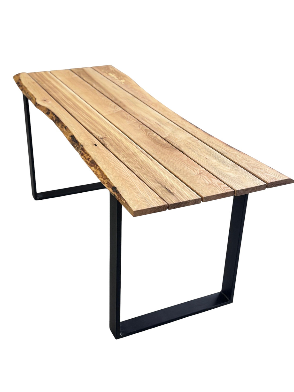 Set Mobilier lemn masa si 2 banci pentru interior sau exterior, living, cabana, terasa/gradina, Masa cu Banca Lemn Masiv rustic 1.8m x 68cm , Gradina cu Banca 1.8m x 39 cm si Picioare din metal moderne - BUZ.RO
