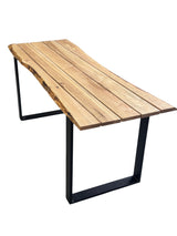 Set Mobilier lemn masa si 2 banci pentru interior sau exterior, living, cabana, terasa/gradina, Masa cu Banca Lemn Masiv rustic 1.8m x 68cm , Gradina cu Banca 1.8m x 39 cm si Picioare din metal moderne - BUZ.RO