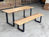 Set Mobilier lemn masa si 2 banci pentru interior sau exterior, living, cabana, terasa/gradina, Masa cu Banca Lemn Masiv rustic 1.8m x 68cm , Gradina cu Banca 1.8m x 39 cm si Picioare din metal moderne - BUZ.RO