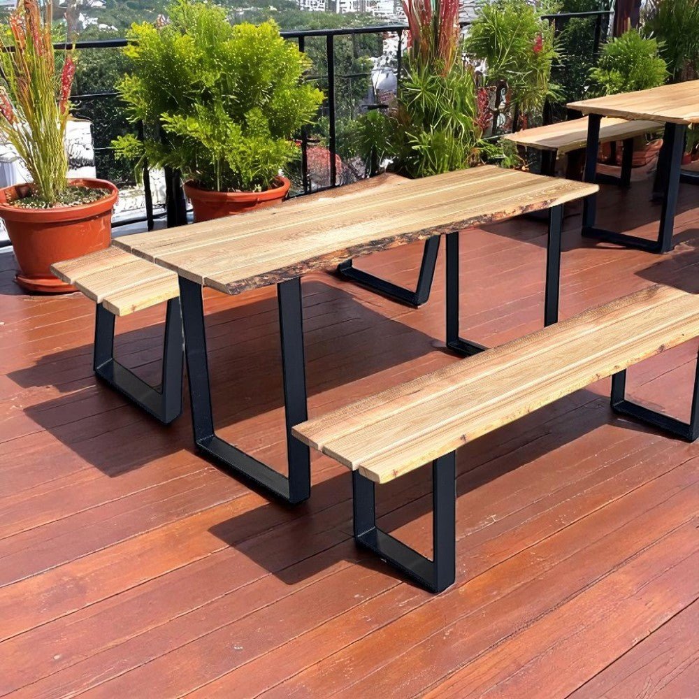 Set Mobilier lemn masa si 2 banci pentru interior sau exterior, living, cabana, terasa/gradina, Masa cu Banca Lemn Masiv rustic 1.8m x 68cm , Gradina cu Banca 1.8m x 39 cm si Picioare din metal moderne - BUZ.RO