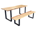 Set Mobilier lemn masa si 2 banci pentru interior sau exterior, living, cabana, terasa/gradina, Masa cu Banca Lemn Masiv rustic 1.8m x 68cm , Gradina cu Banca 1.8m x 39 cm si Picioare din metal moderne - BUZ.RO