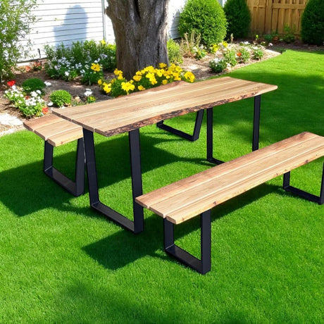 Set Mobilier lemn masa si 2 banci pentru interior sau exterior, living, cabana, terasa/gradina, Masa cu Banca Lemn Masiv rustic 1.8m x 68cm , Gradina cu Banca 1.8m x 39 cm si Picioare din metal moderne - BUZ.RO