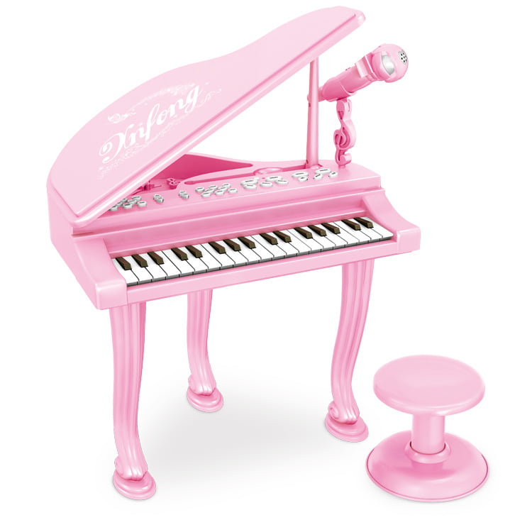 Set muzical, pentru copii, pian copii, cu 36 taste, microfon karaoke si scaunel, sunete si melodii, Mp3, roz