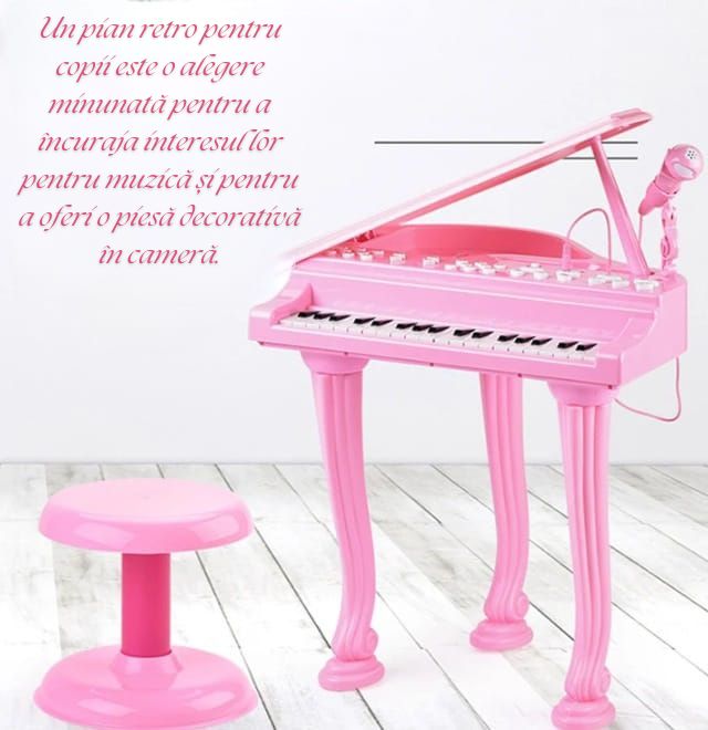 Set muzical, pentru copii, pian copii, cu 36 taste, microfon karaoke si scaunel, sunete si melodii, Mp3, roz