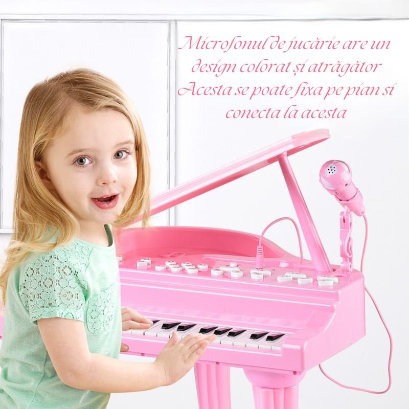 Set muzical, pentru copii, pian copii, cu 36 taste, microfon karaoke si scaunel, sunete si melodii, Mp3, roz