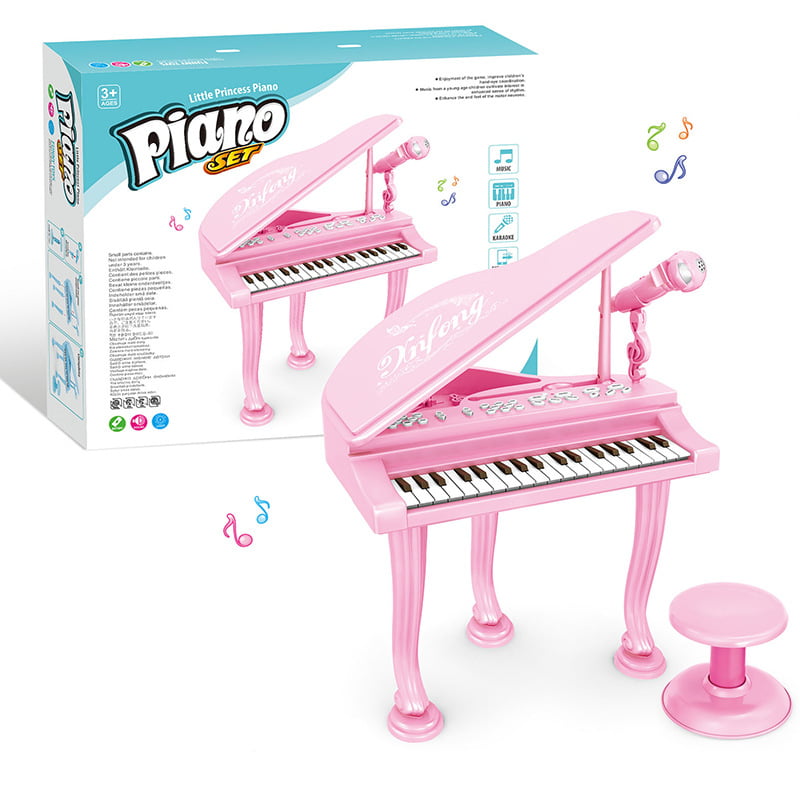 Set muzical, pentru copii, pian copii, cu 36 taste, microfon karaoke si scaunel, sunete si melodii, Mp3, roz