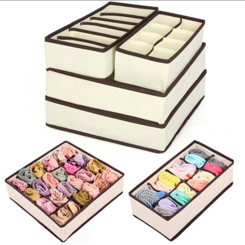 Set organizatoare si cutie depozitare pentru lenjerie, sosete, 4 piese , 38 compartimente PP, crem - BUZ.RO