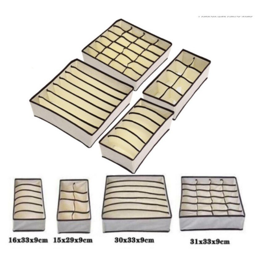 Set organizatoare si cutie depozitare pentru lenjerie, sosete, 4 piese , 38 compartimente PP, crem - BUZ.RO