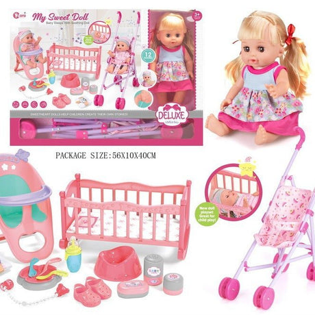 Set papusa cu patut, carucior, scaun de masa si alte accesorii, 16 piese , 12 sunete - BUZ.RO