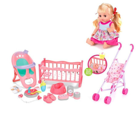 Set papusa cu patut, carucior, scaun de masa si alte accesorii, 16 piese , 12 sunete - BUZ.RO