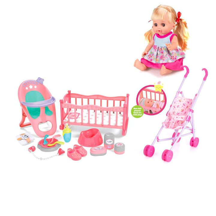 Set papusa cu patut, carucior, scaun de masa si alte accesorii, 16 piese , 12 sunete