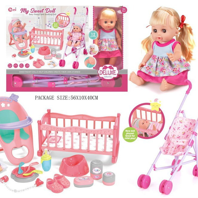 Set papusa cu patut, carucior, scaun de masa si alte accesorii, 16 piese , 12 sunete