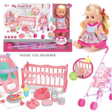 Set papusa cu patut, carucior, scaun de masa si alte accesorii, 16 piese , 12 sunete