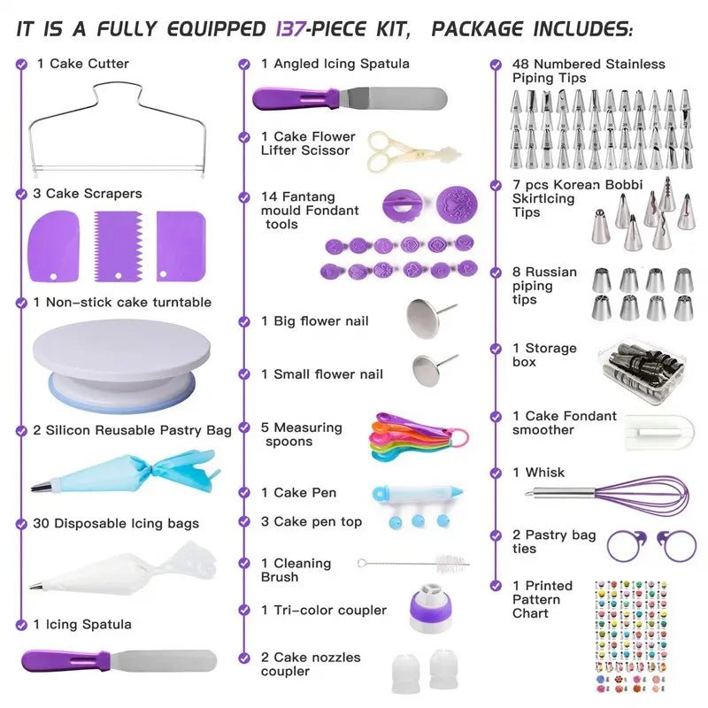 Set patiserie, 137 piese, sabloane, decorare torturi, decorare prajituri, platou rotativ - BUZ.RO