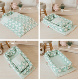 Set patut portabil, bebe baby nest cu lenjerie, perna, bumper protectie anti - alunecare, verde cu iepuri gri - BUZ.RO