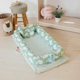 Set patut portabil, bebe baby nest cu lenjerie, perna, bumper protectie anti - alunecare, verde cu iepuri gri - BUZ.RO