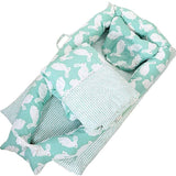 Set patut portabil, bebe baby nest cu lenjerie, perna, bumper protectie anti - alunecare, verde cu iepuri gri - BUZ.RO