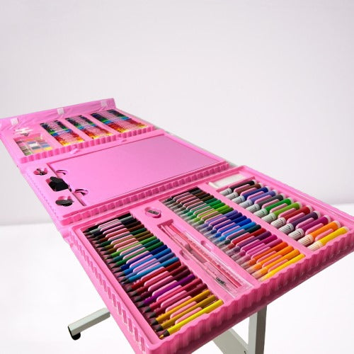 Set trusa desen copii , multicolora , interactiva , creioane , carioci , acuarele ,208 piese roz-208 piese