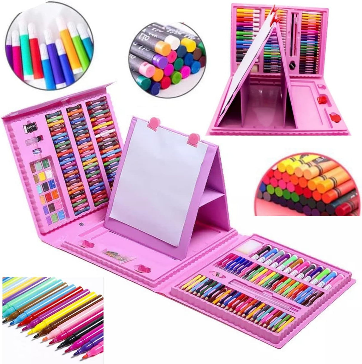 Set trusa desen copii , multicolora , interactiva , creioane , carioci , acuarele ,208 piese roz-208 piese