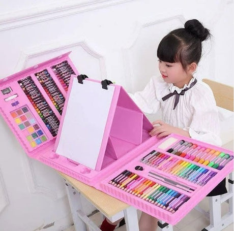 Set trusa desen copii , multicolora , interactiva , creioane , carioci , acuarele ,208 piese roz-208 piese