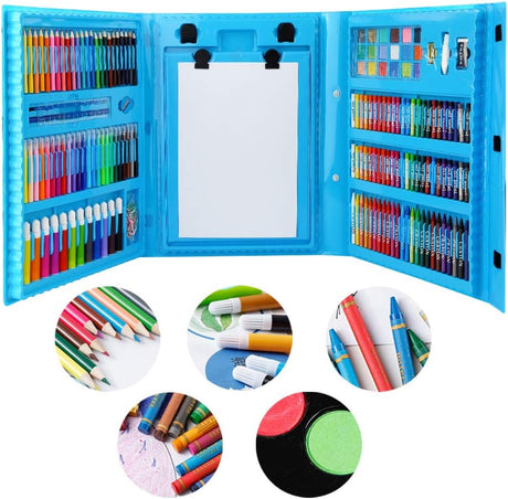Set trusa desen copii , multicolora , interactiva , creioane , carioci , acuarele ,208 piese albastru - 208 piese - BUZ.RO