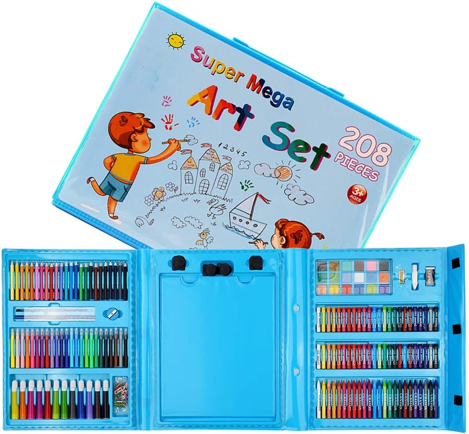 Set trusa desen copii , multicolora , interactiva , creioane , carioci , acuarele ,208 piese albastru - 208 piese - BUZ.RO