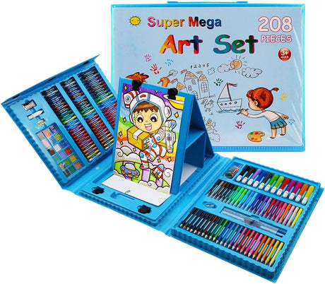 Set trusa desen copii , multicolora , interactiva , creioane , carioci , acuarele ,208 piese albastru - 208 piese - BUZ.RO