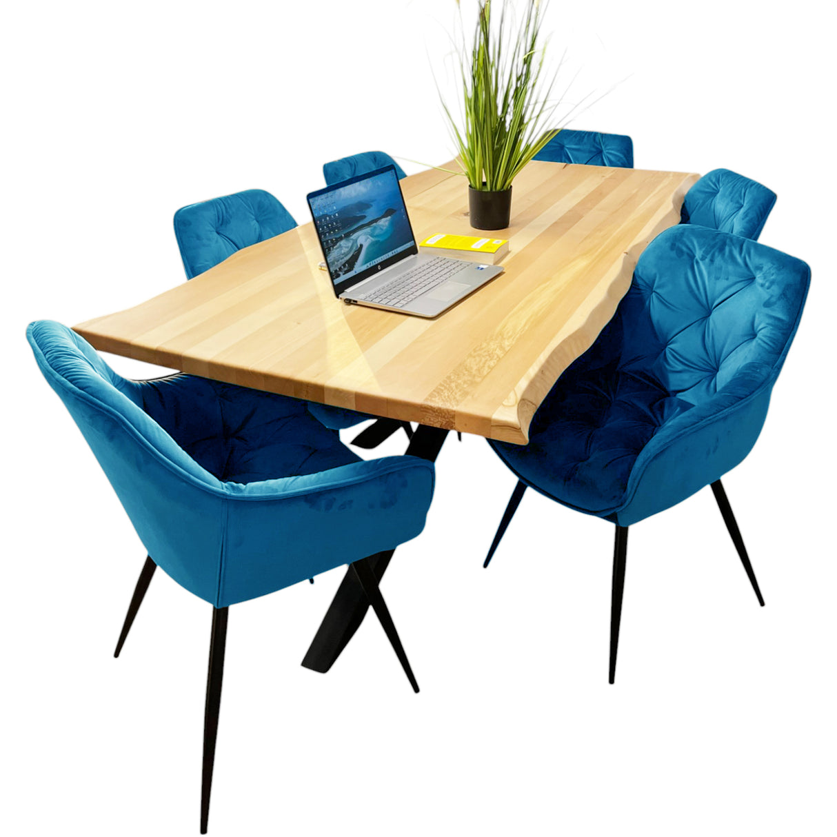 Masa bucatarie cu scaune, set living/dinning, picioare metalice, blat lemn, husa catifea, moderne, 6 persoane