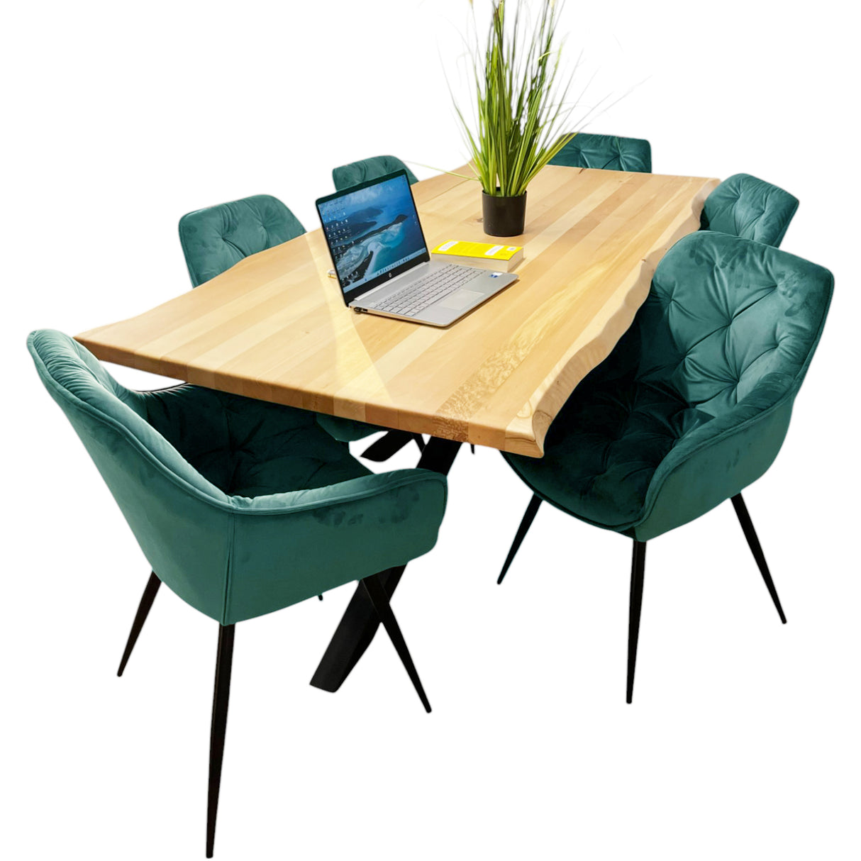 Masa bucatarie cu scaune, set living/dinning, picioare metalice, blat lemn, husa catifea, moderne, 6 persoane