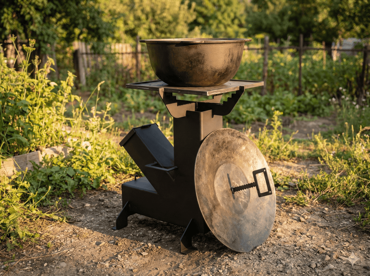 Sobă Rachetă Demontabilă (Tip Pirostrie) pentru Ceaun și Disc – Oțel 4mm, Plită 8mm, H 80cm - BUZ.RO