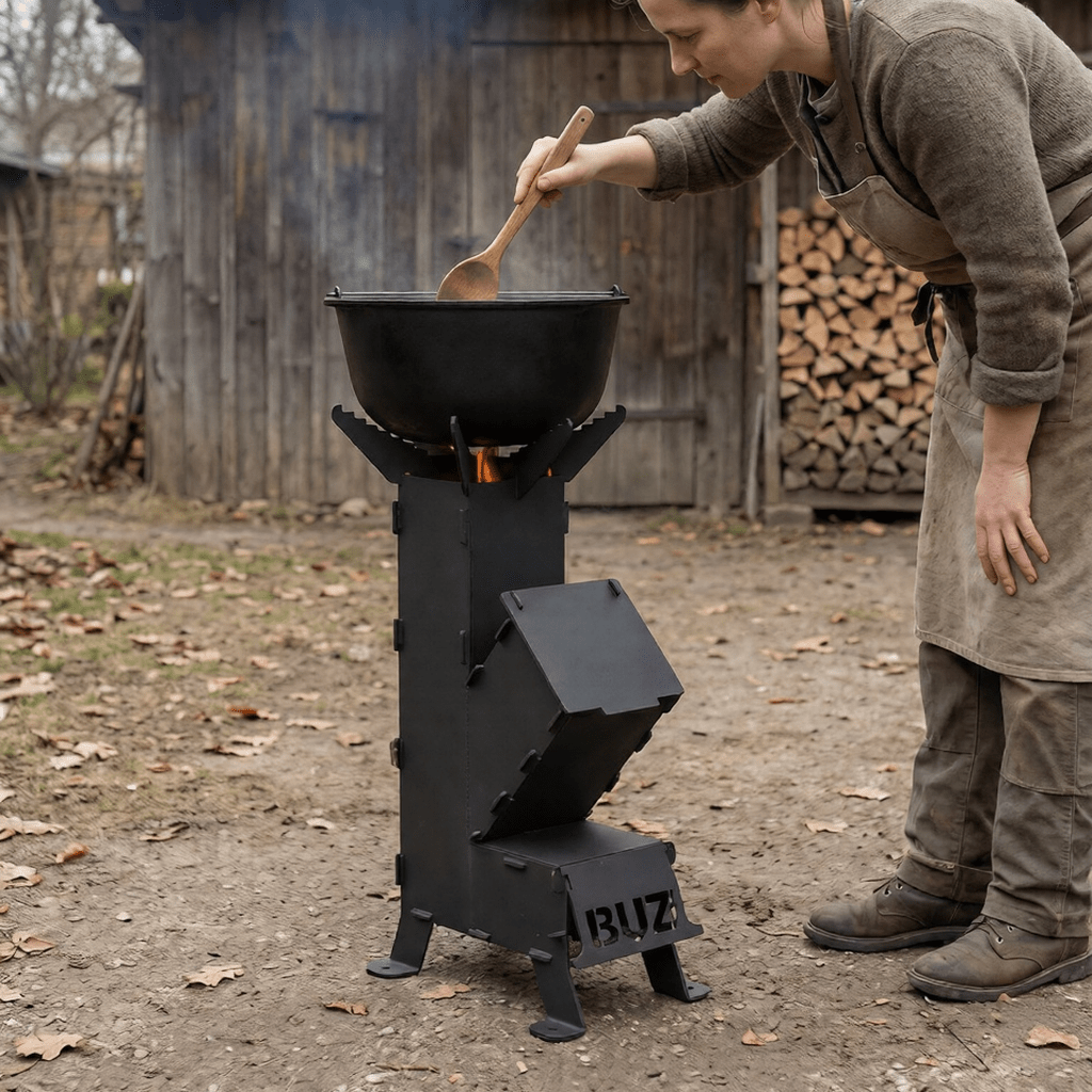 Sobă Rachetă din Oțel Carbon – Finisaj Vopsit/Nevopsit, Portabilă, H 65.5 cm - BUZ.RO