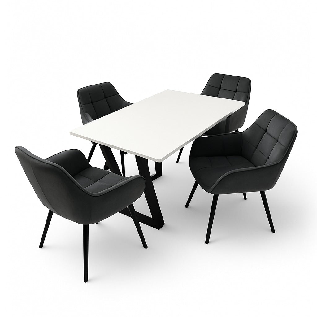 Masa bucatarie cu scaune, set living/dinning, picioare metalice, blat PAL, husa catifea, moderne, 4 persoane