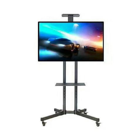 Stand mobil de televizor cu roti pivotante la 360 grade, raft inferior de sustinere laptop, greutate suportata maxim 50 kilograme,metal rezistent, negru - BUZ.RO