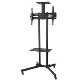 Stand mobil de televizor cu roti pivotante la 360 grade, raft inferior de sustinere laptop, greutate suportata maxim 50 kilograme,metal rezistent, negru - BUZ.RO