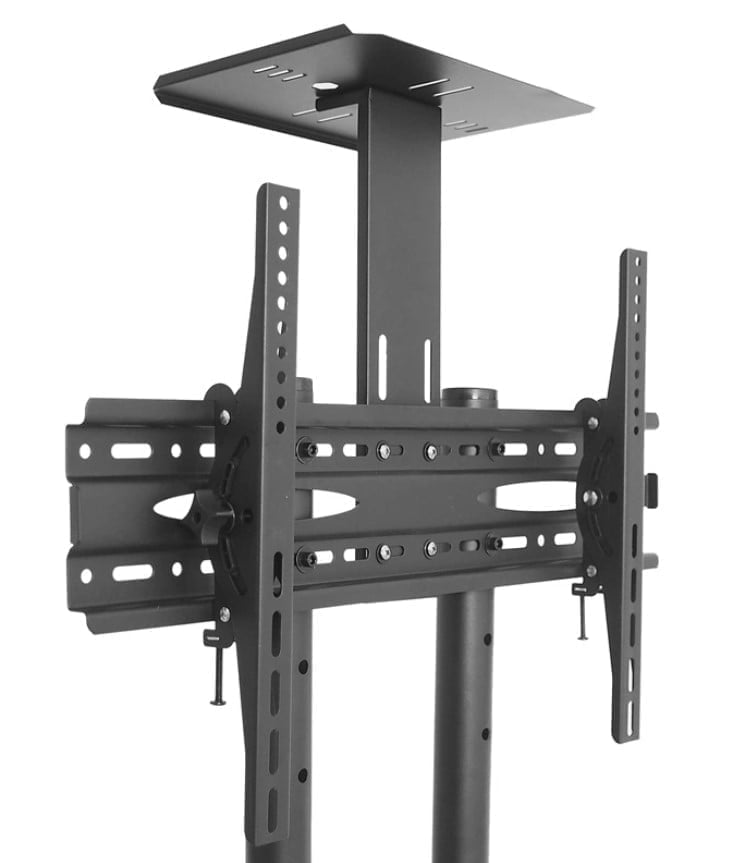 Stand mobil de televizor cu roti pivotante la 360 grade, raft inferior de sustinere laptop, greutate suportata maxim 50 kilograme,metal rezistent, negru