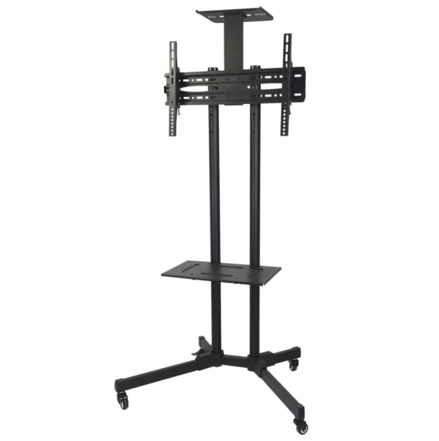 Stand mobil de televizor cu roti pivotante la 360 grade, raft inferior de sustinere laptop, greutate suportata maxim 50 kilograme,metal rezistent, negru