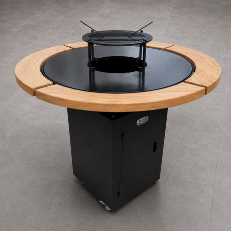 Gratar Rotund Gradina 127cm|diametru  Plita 95 cm| grosime 8/10 mm cu reglare tiraj si tavita cenusa blat de lemn