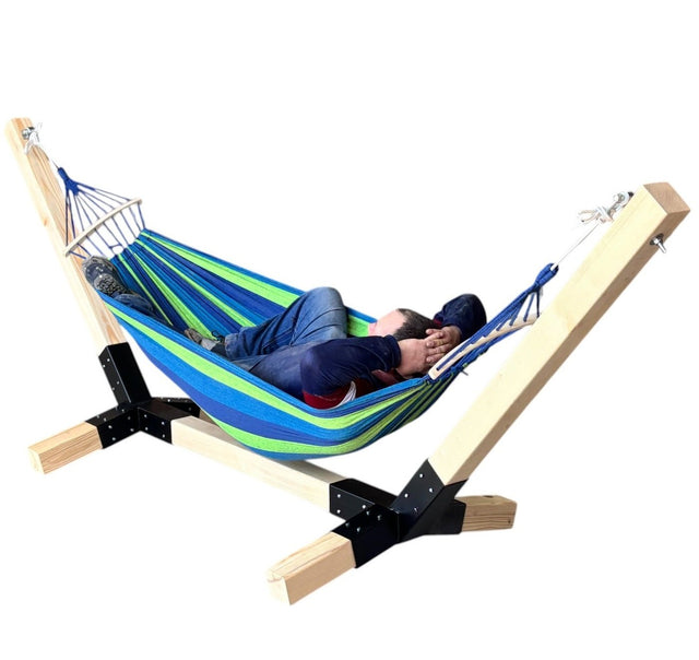 Suport hamac din lemn, stand pentru gradina sau terasa cu conectori metalici, rezistent,330x135x90cm, max 350kg - BUZ.RO