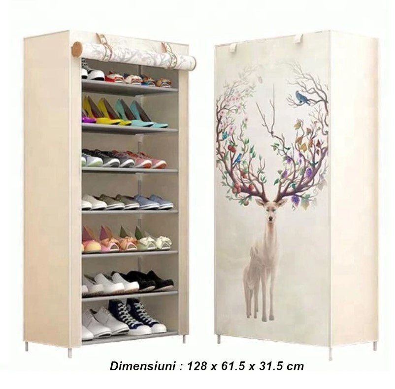 Suport incaltaminte/dulap pantofi, pliabil, 20 de perechi, 7 rafturi, invelis textil, cadru otel, 126 x 60 x 30 , model cerb - BUZ.RO