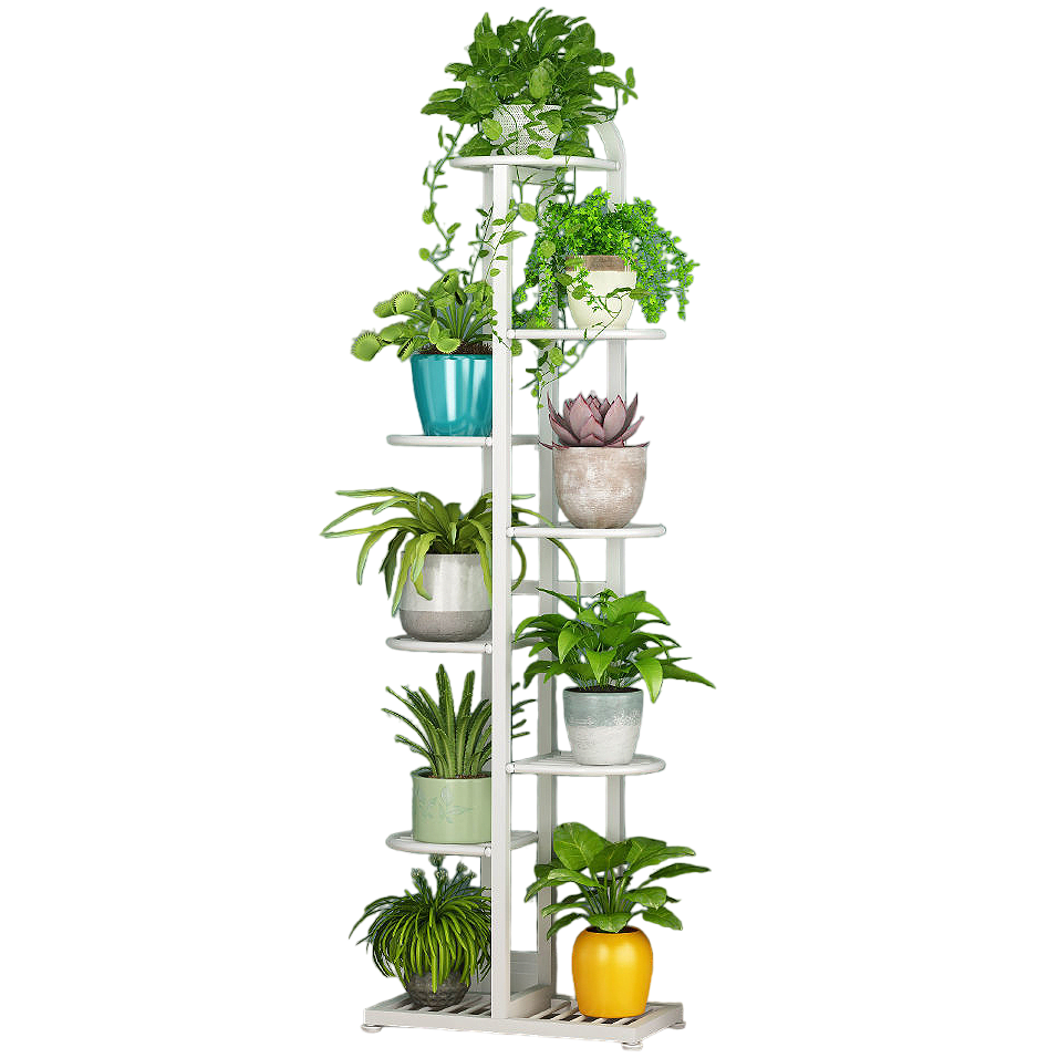 Suport flori metalic, suport plante  cu ghiveci, 7 etajere separate, culoare alba, 125x44.5x22 cm