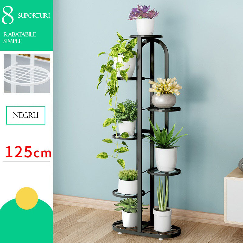 Suport flori metalic, suport plante  cu ghiveci, 7 etajere separate, negru, 125x44,5x22 cm