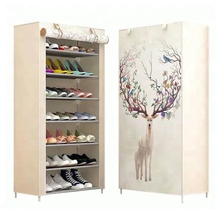 Suport pantofi 20 perechi 7 rafturi, cadru otel, invelis textil, 128x61.5x31.5, cerb - BUZ.RO