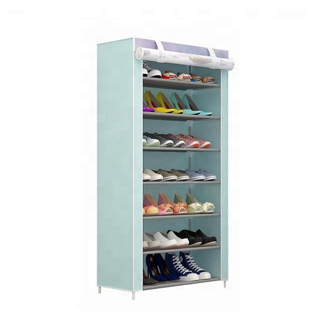 Suport pantofi, incaltaminte, dulap modern, 21 perechi, 7 rafturi, cadru otel, invelis textil, albastru cu barca