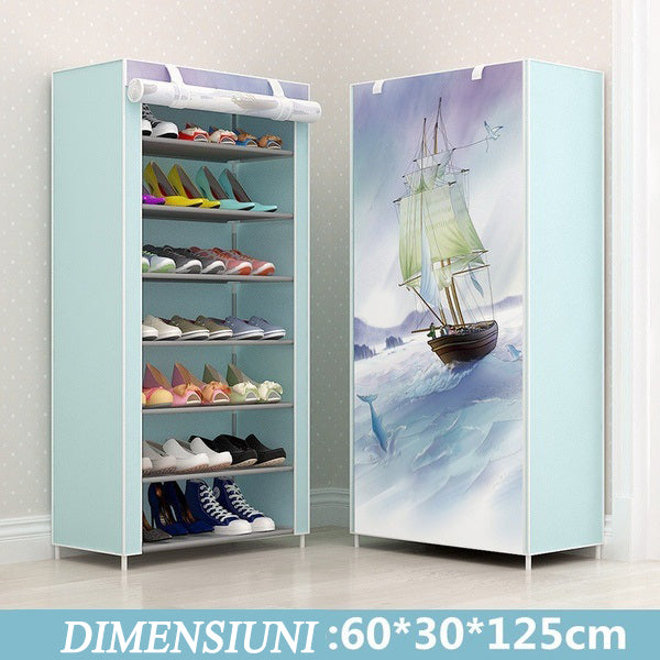 Suport pantofi, incaltaminte, dulap modern, 21 perechi, 7 rafturi, cadru otel, invelis textil, albastru cu barca